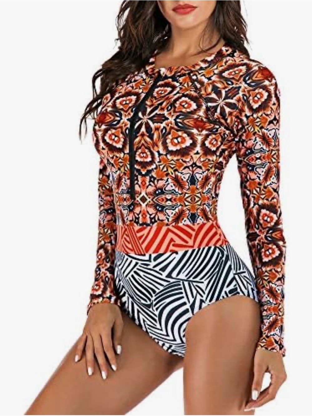 Tashehe One Piece Swimsuit Large Orange Floral Zebra Print Zip Front NWT